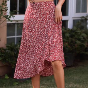 Women Ditsy Floral Midi Skirt High Waist A Line Flowy Ruffle Hem Casual Boho Skirt For Summer