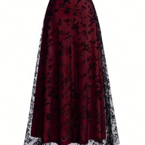 French Vintage Lace Skirt With Floral Mesh Splicing, High-waisted, Draped, Mid-length A-line Long Skirt