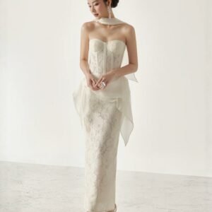 Strapless Corset Lace Midi Dress With Detachable Ruffled Overlay