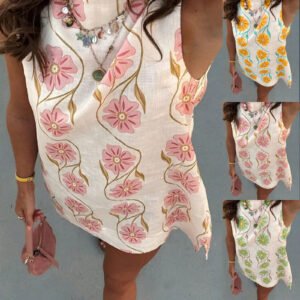 Summer Casual Pink Floral Round Neck Sleeveless Tank Dress For Women