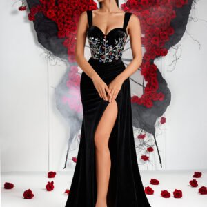 Heavy Embellished Colored Diamond Black Velvet Evening Dress, Retro And Elegant Celebrity-Style Spaghetti Strap Dress