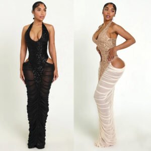 High-slit Mesh Panel Sequin Halter Gown