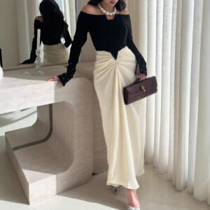 Elegant Sheath Dress With Color-blocking And Pearl Embellishments