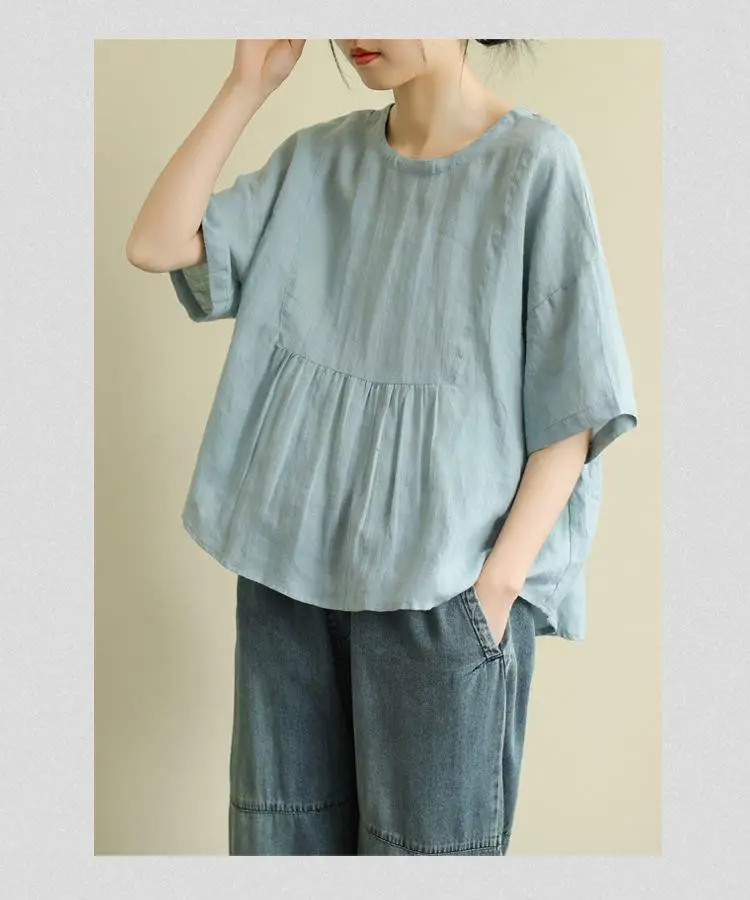 Short Sleeve Loose Round Neck Imitation Cotton And Linen Top