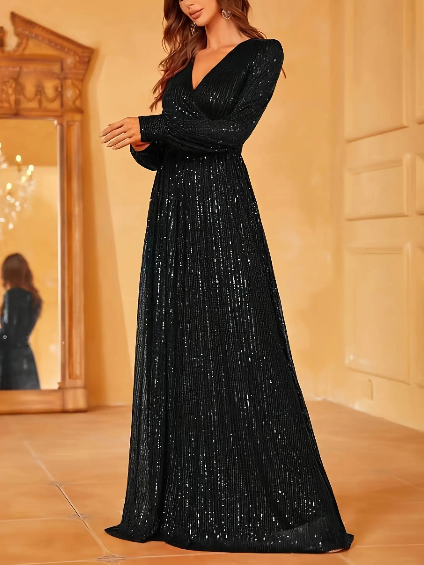 Elegant Dinner Sequined Long Sleeve V-neck High Waist Evening Dress