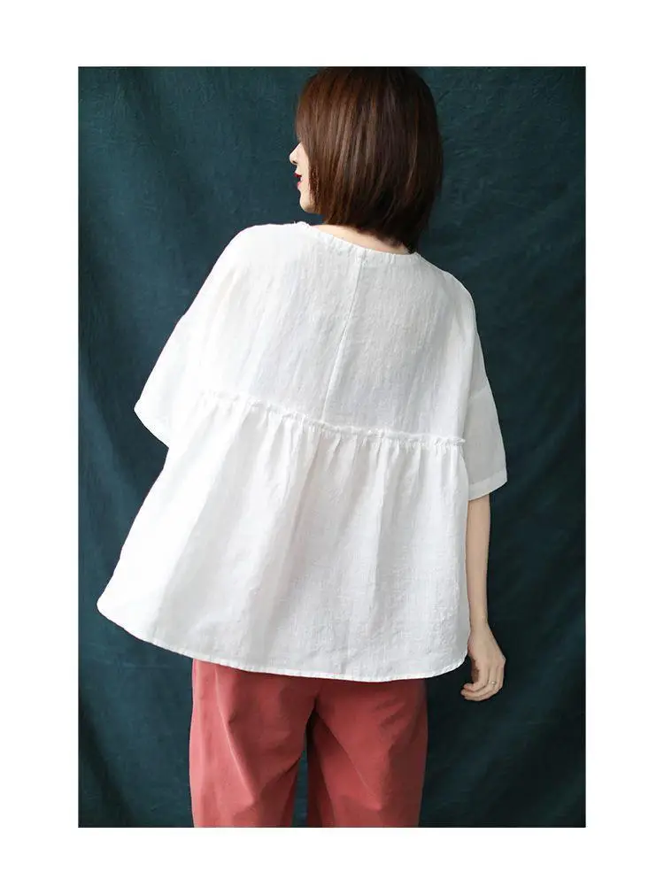 Short Sleeve Loose Round Neck Imitation Cotton And Linen Top