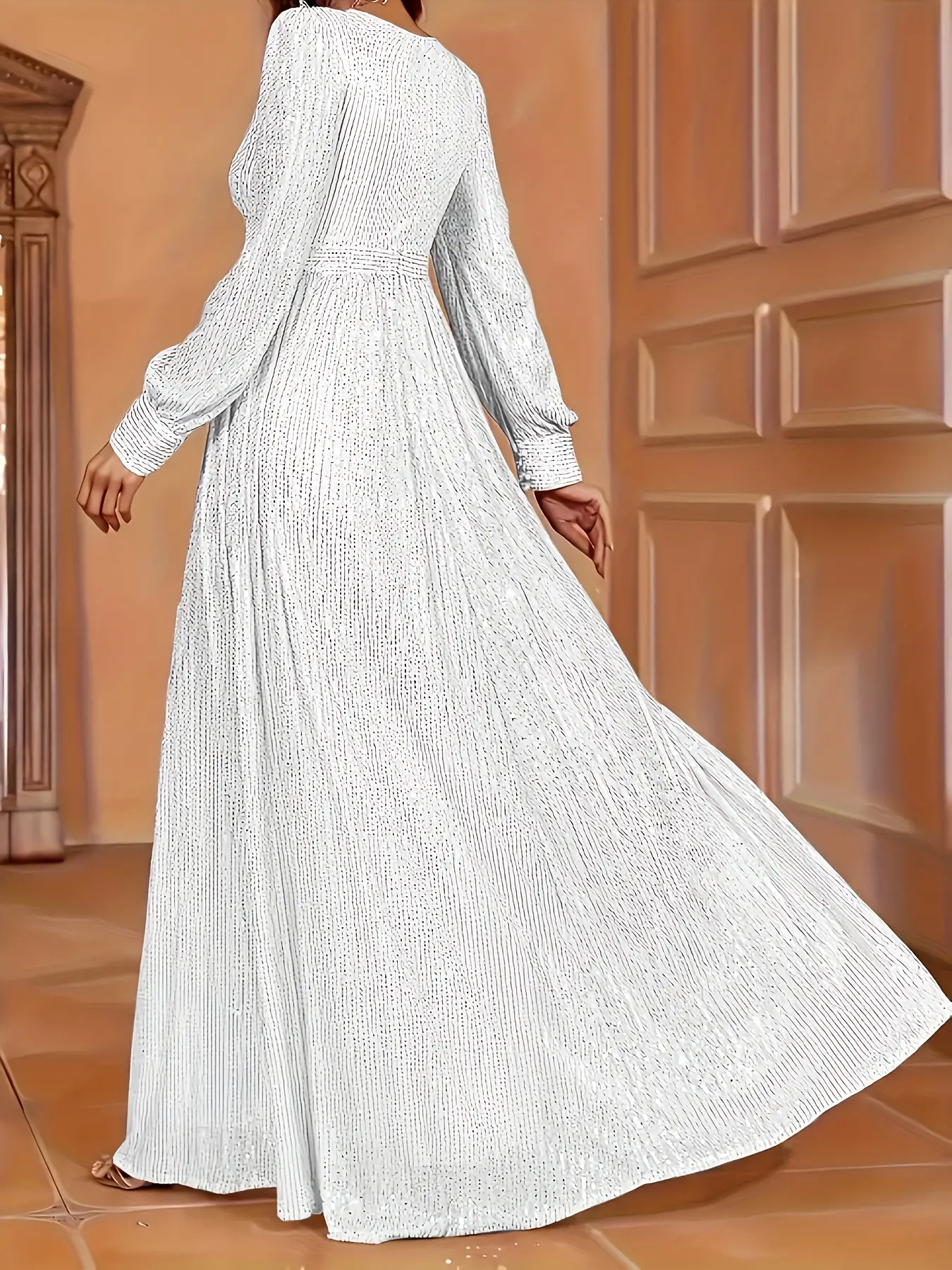 Elegant Dinner Sequined Long Sleeve V-neck High Waist Evening Dress