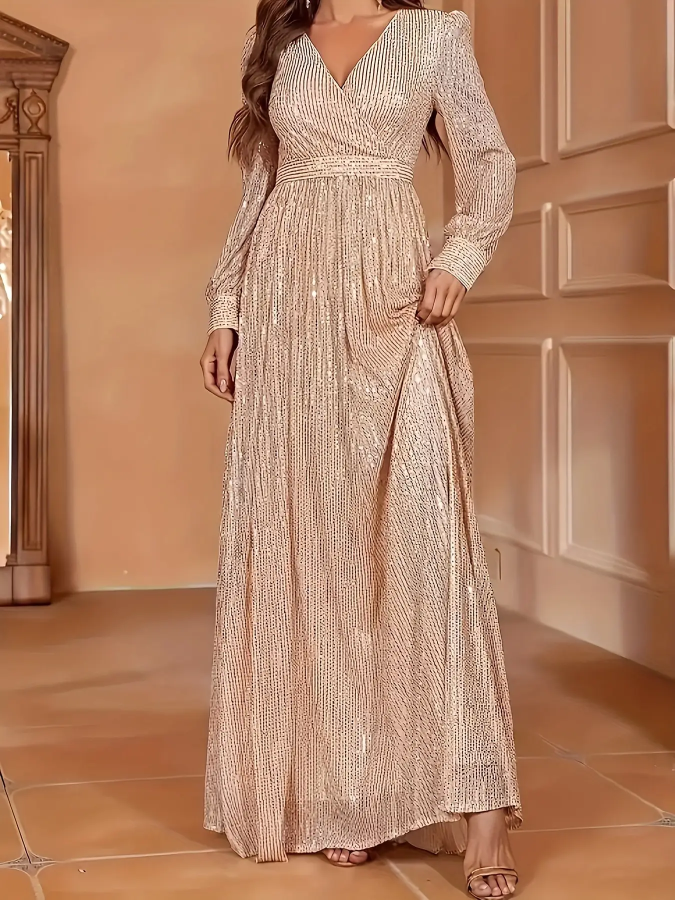 Elegant Dinner Sequined Long Sleeve V-neck High Waist Evening Dress