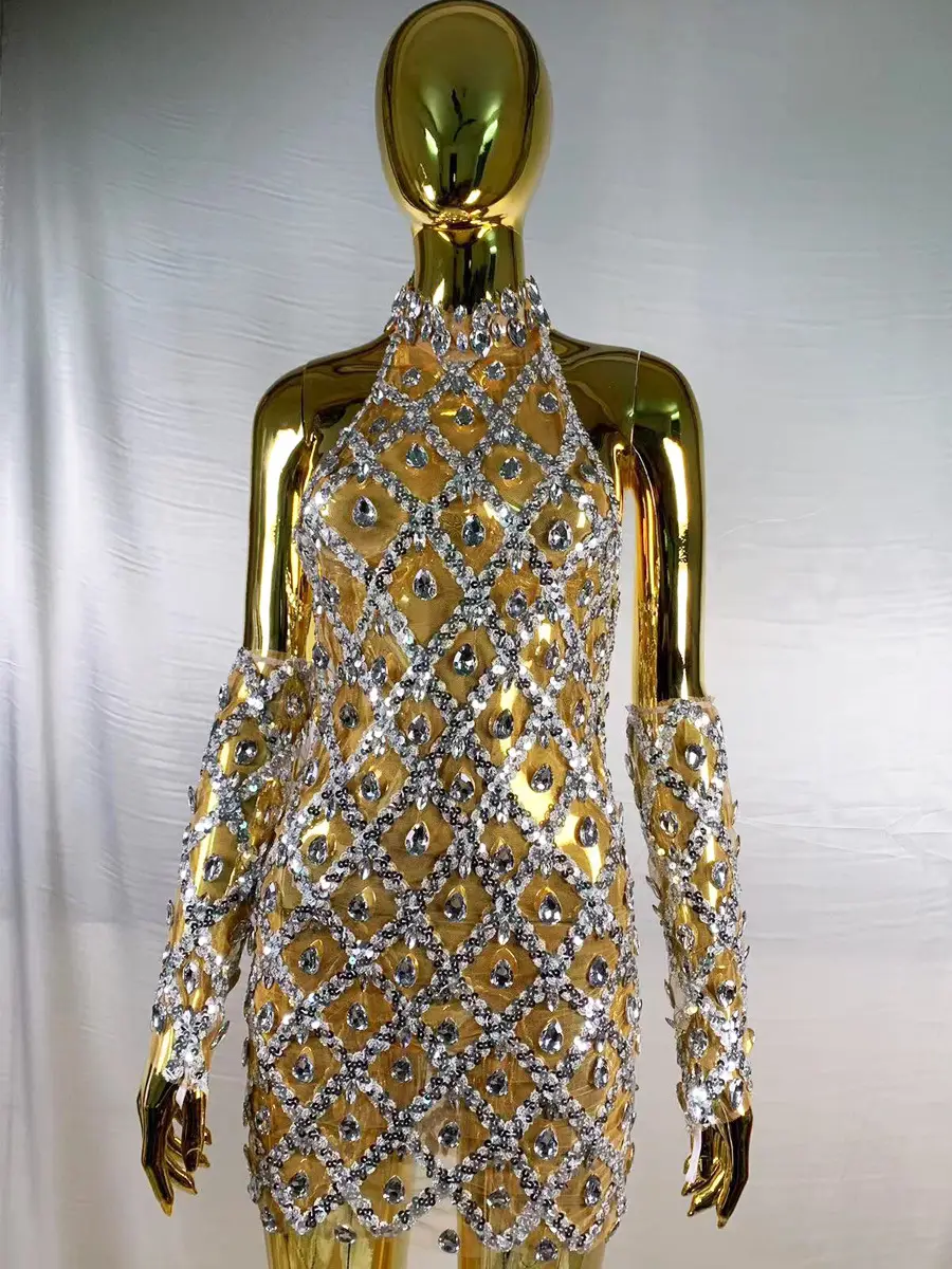 High-end Women's Heavy-duty Rhinestone Plaid Sequined Gloves Ultra-short Dress