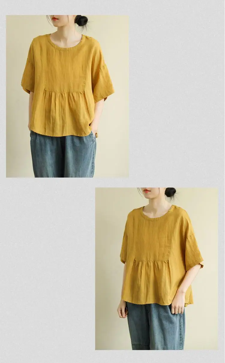 Short Sleeve Loose Round Neck Imitation Cotton And Linen Top