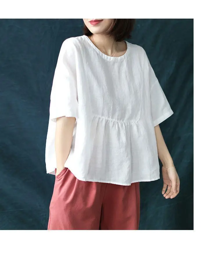 Short Sleeve Loose Round Neck Imitation Cotton And Linen Top