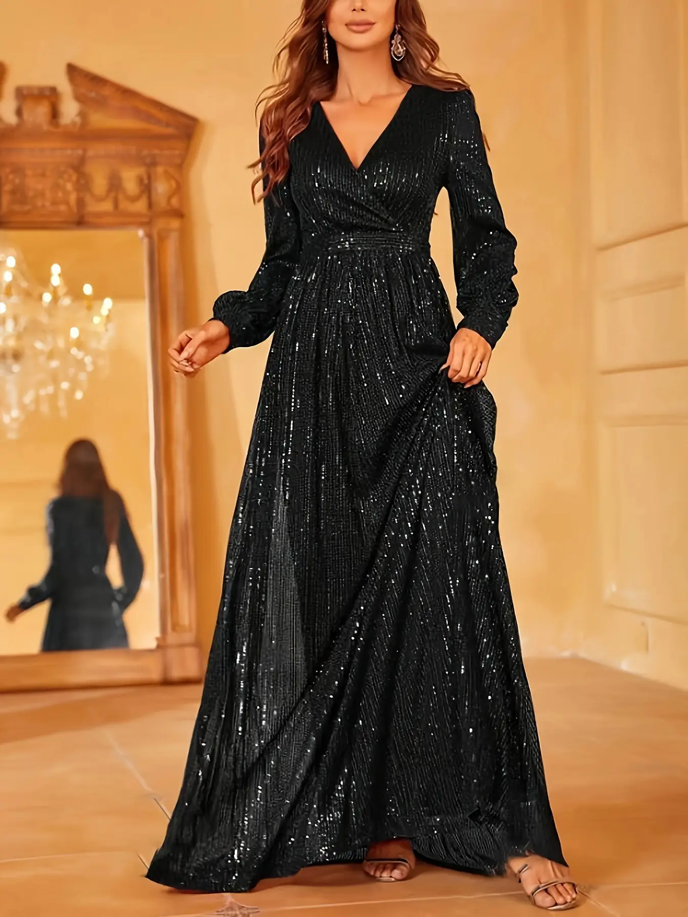 Elegant Dinner Sequined Long Sleeve V-neck High Waist Evening Dress