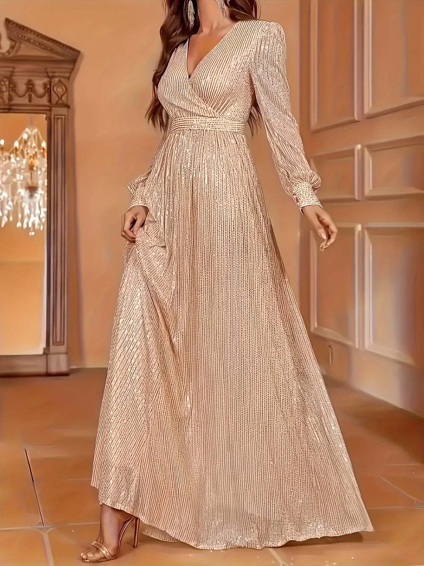 Elegant Dinner Sequined Long Sleeve V-neck High Waist Evening Dress