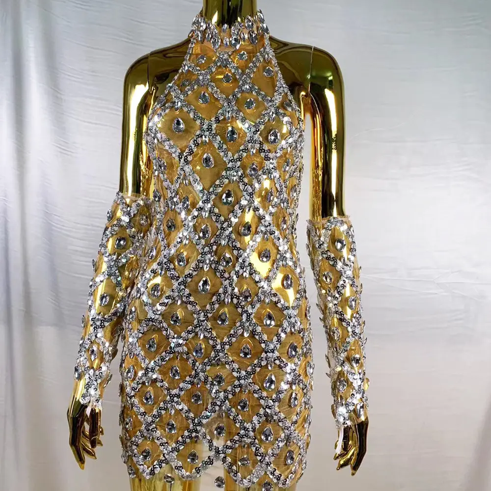 High-end Women's Heavy-duty Rhinestone Plaid Sequined Gloves Ultra-short Dress