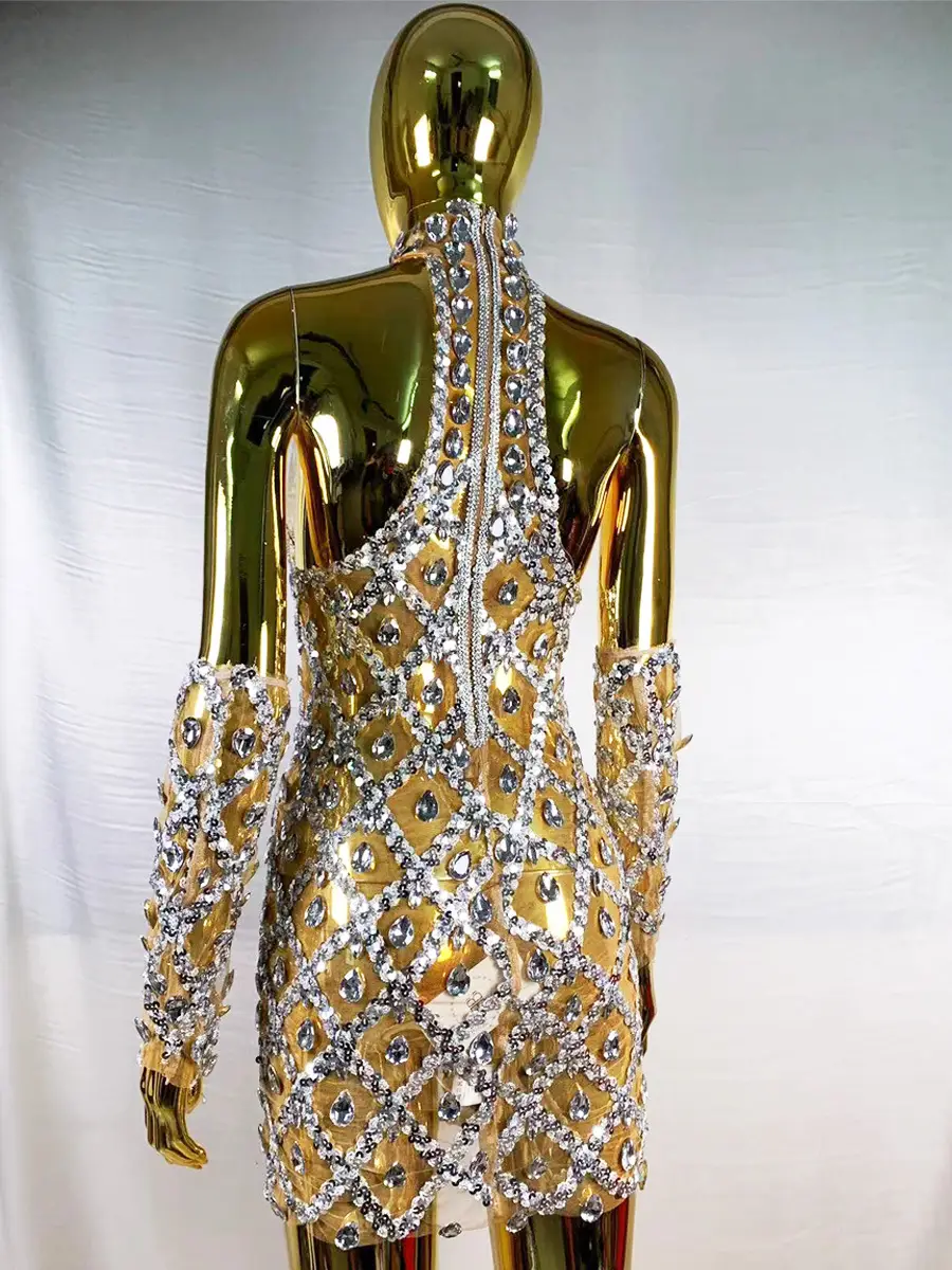 High-end Women's Heavy-duty Rhinestone Plaid Sequined Gloves Ultra-short Dress