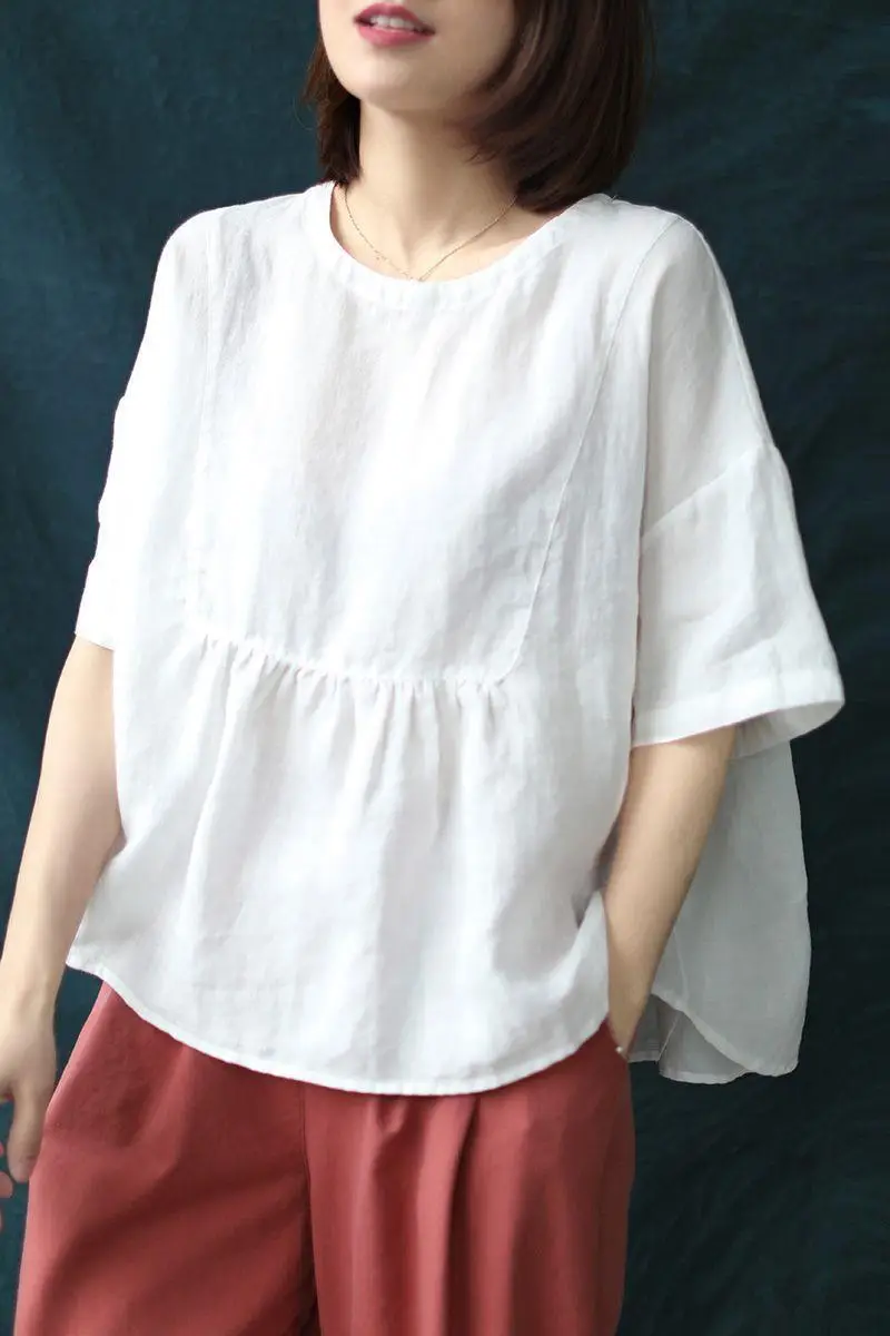 Short Sleeve Loose Round Neck Imitation Cotton And Linen Top