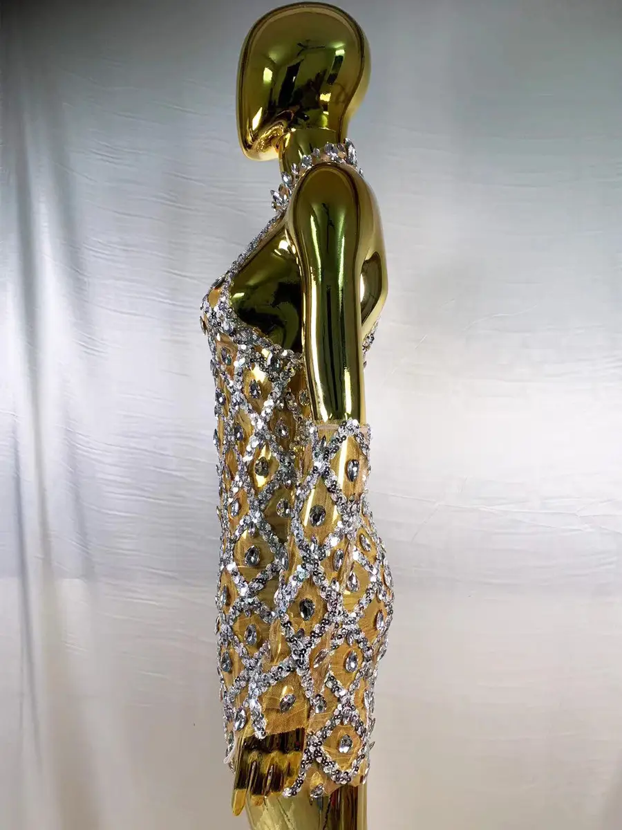 High-end Women's Heavy-duty Rhinestone Plaid Sequined Gloves Ultra-short Dress