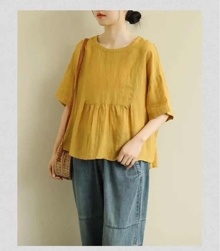 Short Sleeve Loose Round Neck Imitation Cotton And Linen Top