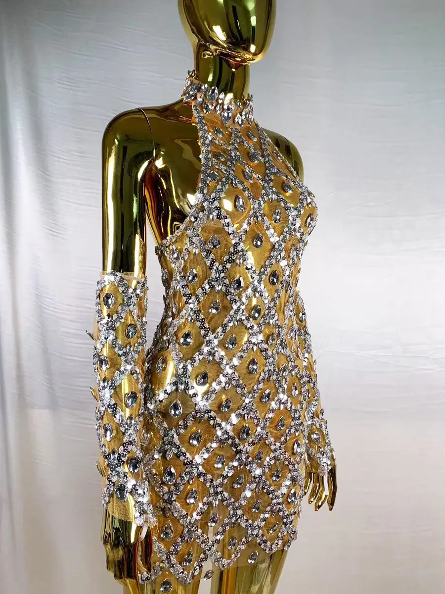 High-end Women's Heavy-duty Rhinestone Plaid Sequined Gloves Ultra-short Dress