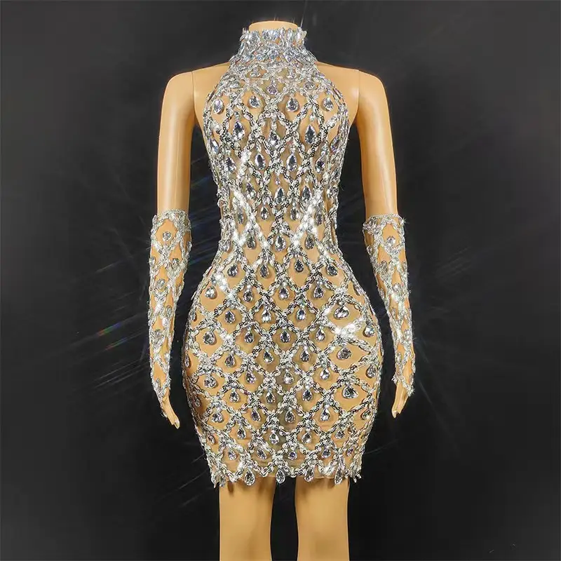 High-end Women's Heavy-duty Rhinestone Plaid Sequined Gloves Ultra-short Dress