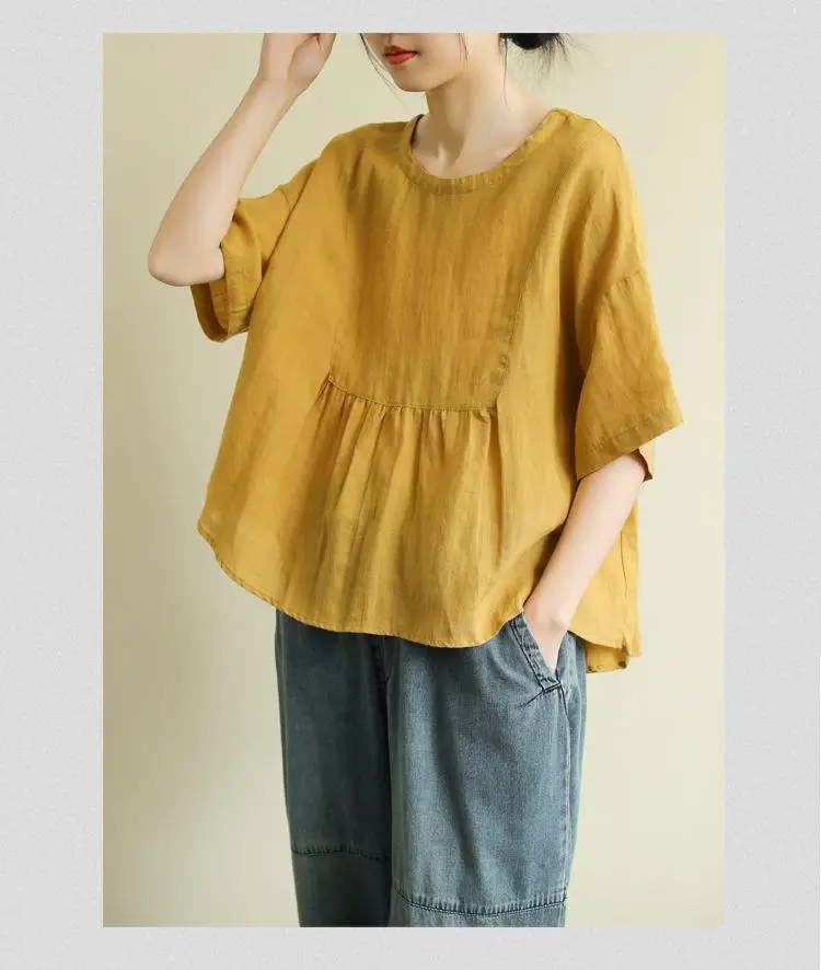 Short Sleeve Loose Round Neck Imitation Cotton And Linen Top