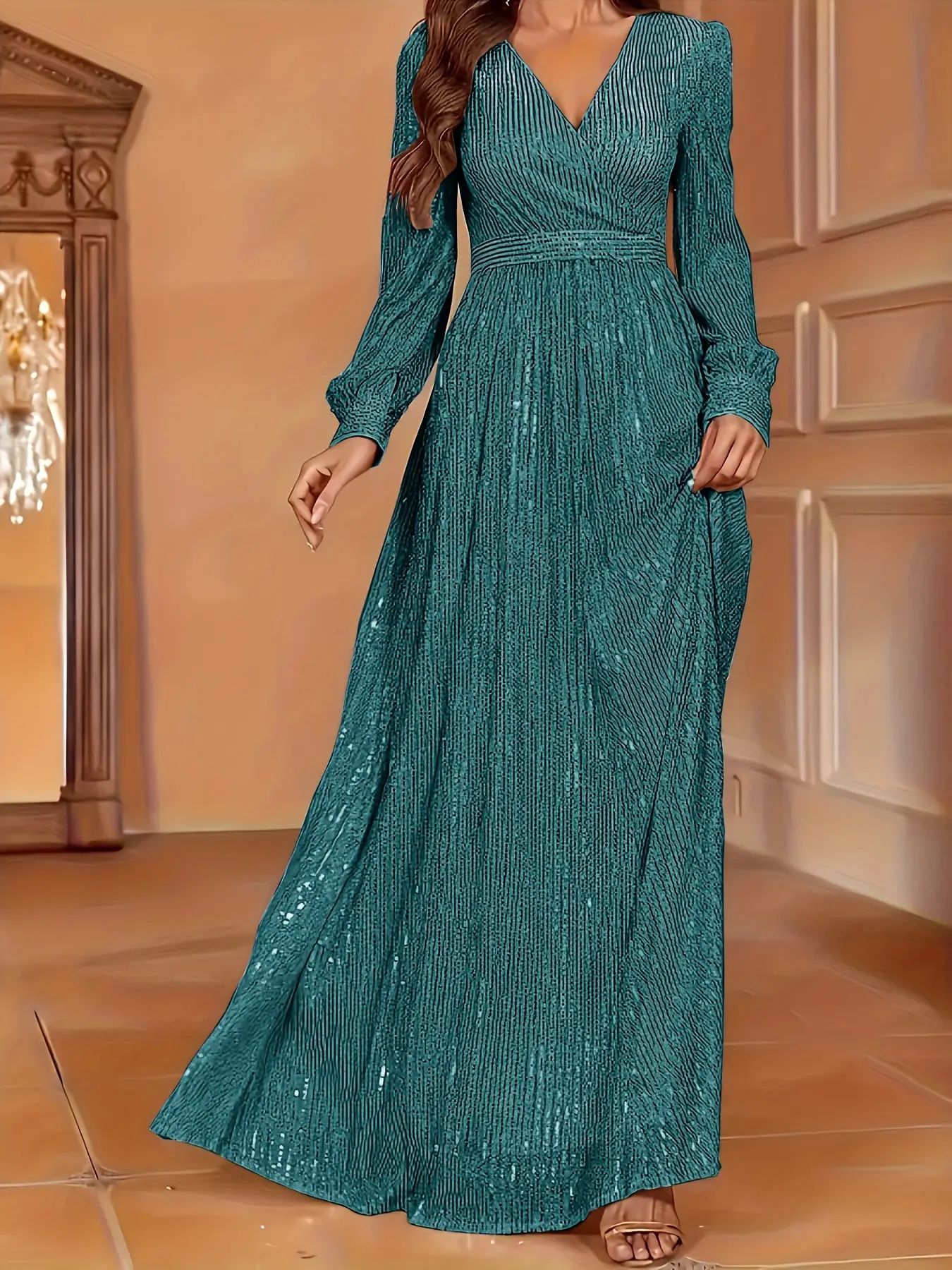 Elegant Dinner Sequined Long Sleeve V-neck High Waist Evening Dress