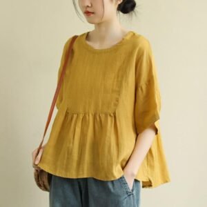 Short Sleeve Loose Round Neck Imitation Cotton And Linen Top