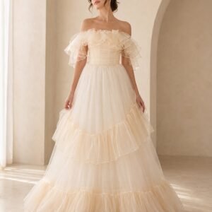 Off-The-Shoulder Ruffle Tiered Tulle Maxi Evening Gown