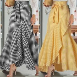 Women’s Plaid Mermaid Skirt With Ruffled Irregular Hem, High-Waisted Casual Umbrella Wrap Long Skirt