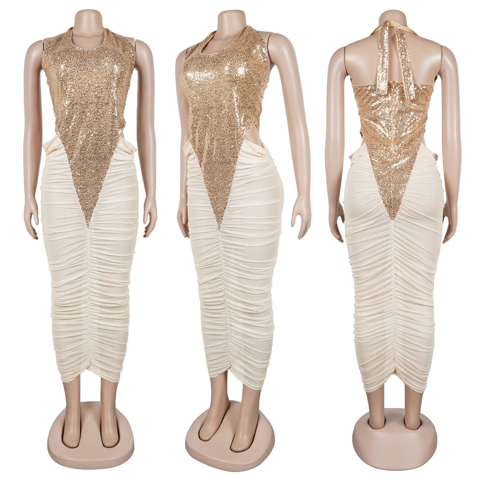 High-slit Mesh Panel Sequin Halter Gown