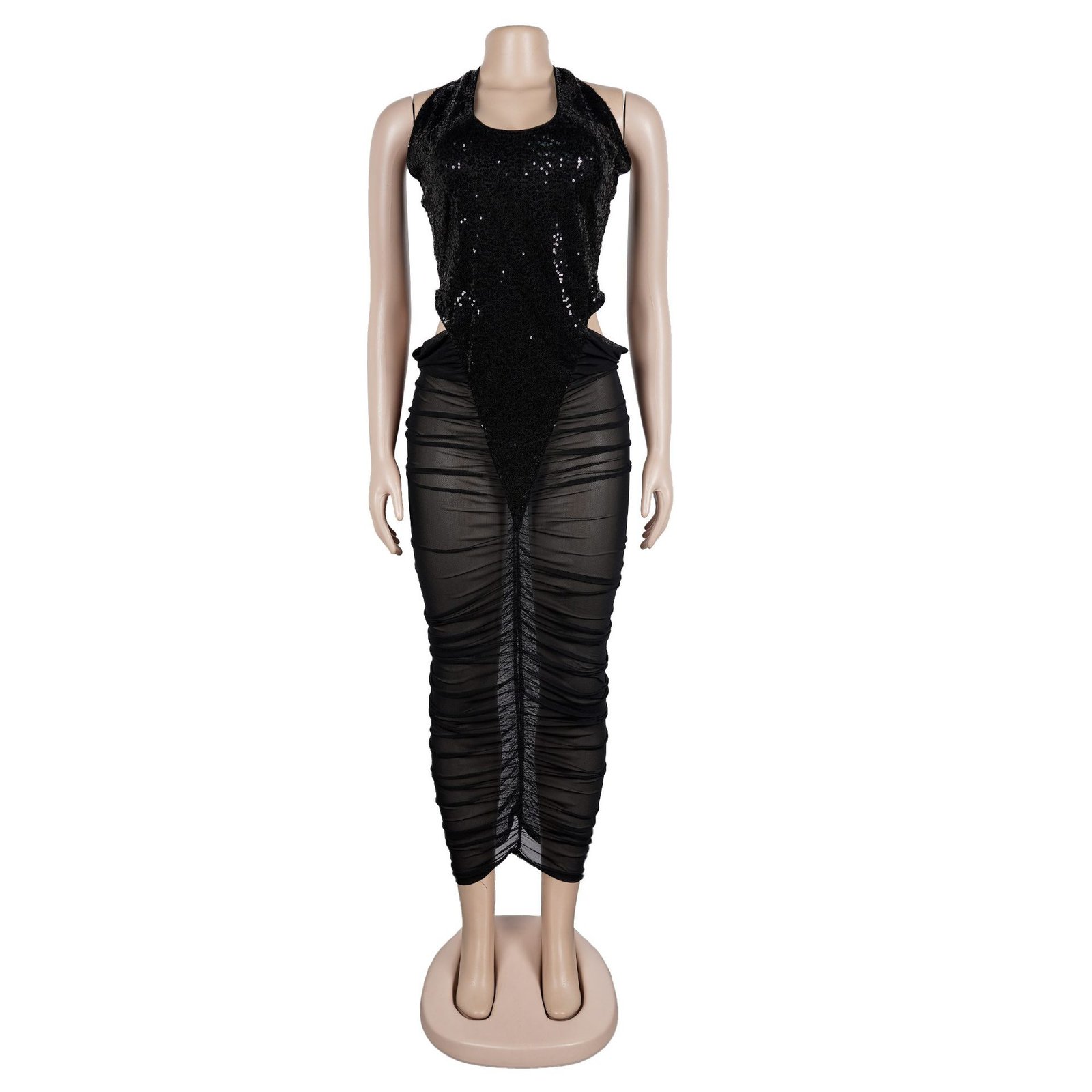 High-slit Mesh Panel Sequin Halter Gown