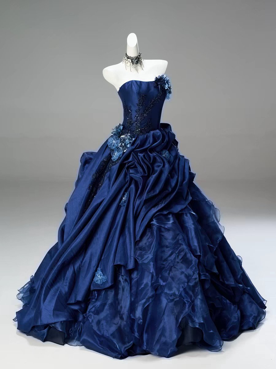 Blue High-end Intricately Embellished Strapless Ball Gown For Evening Events And Banquets