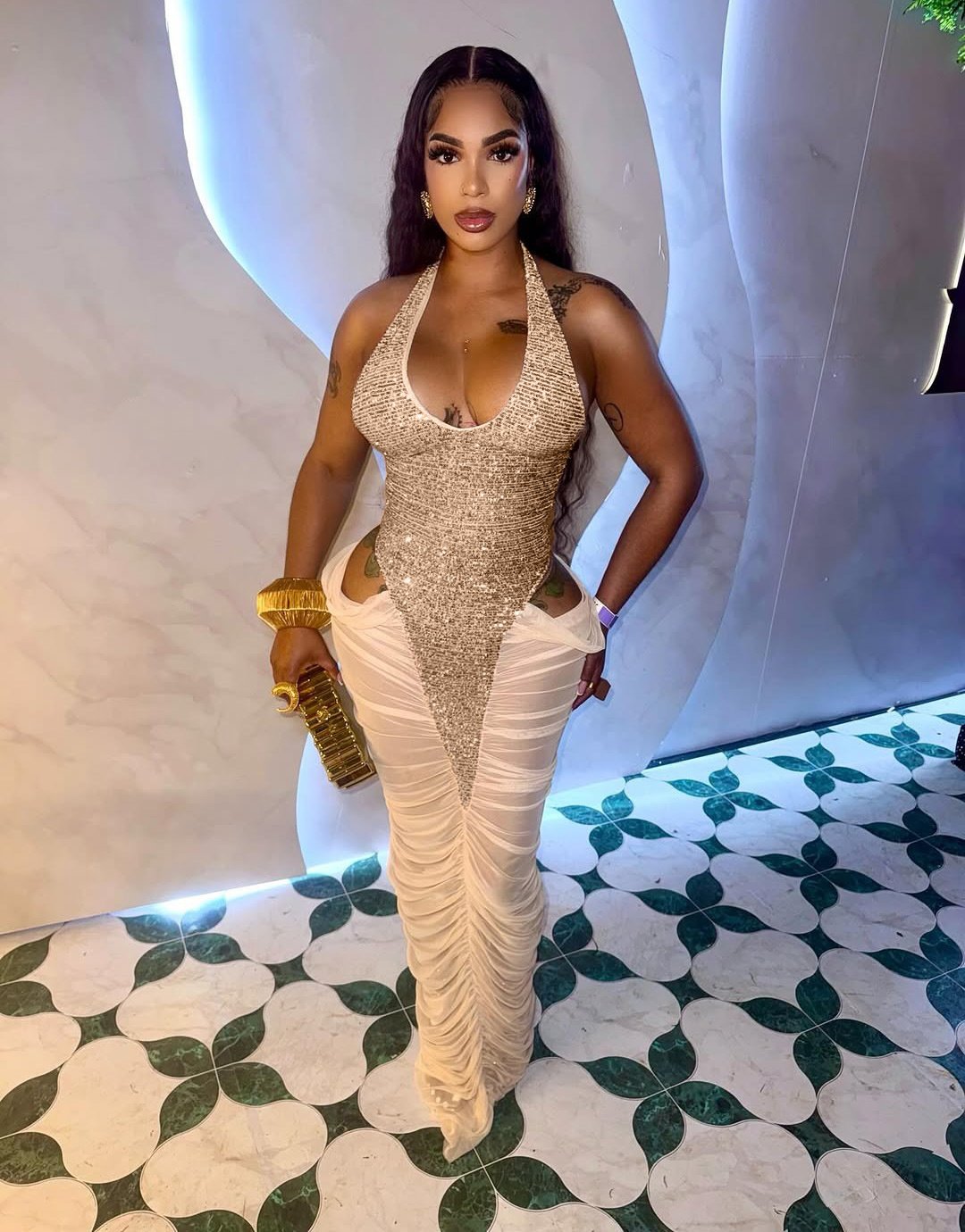 High-slit Mesh Panel Sequin Halter Gown