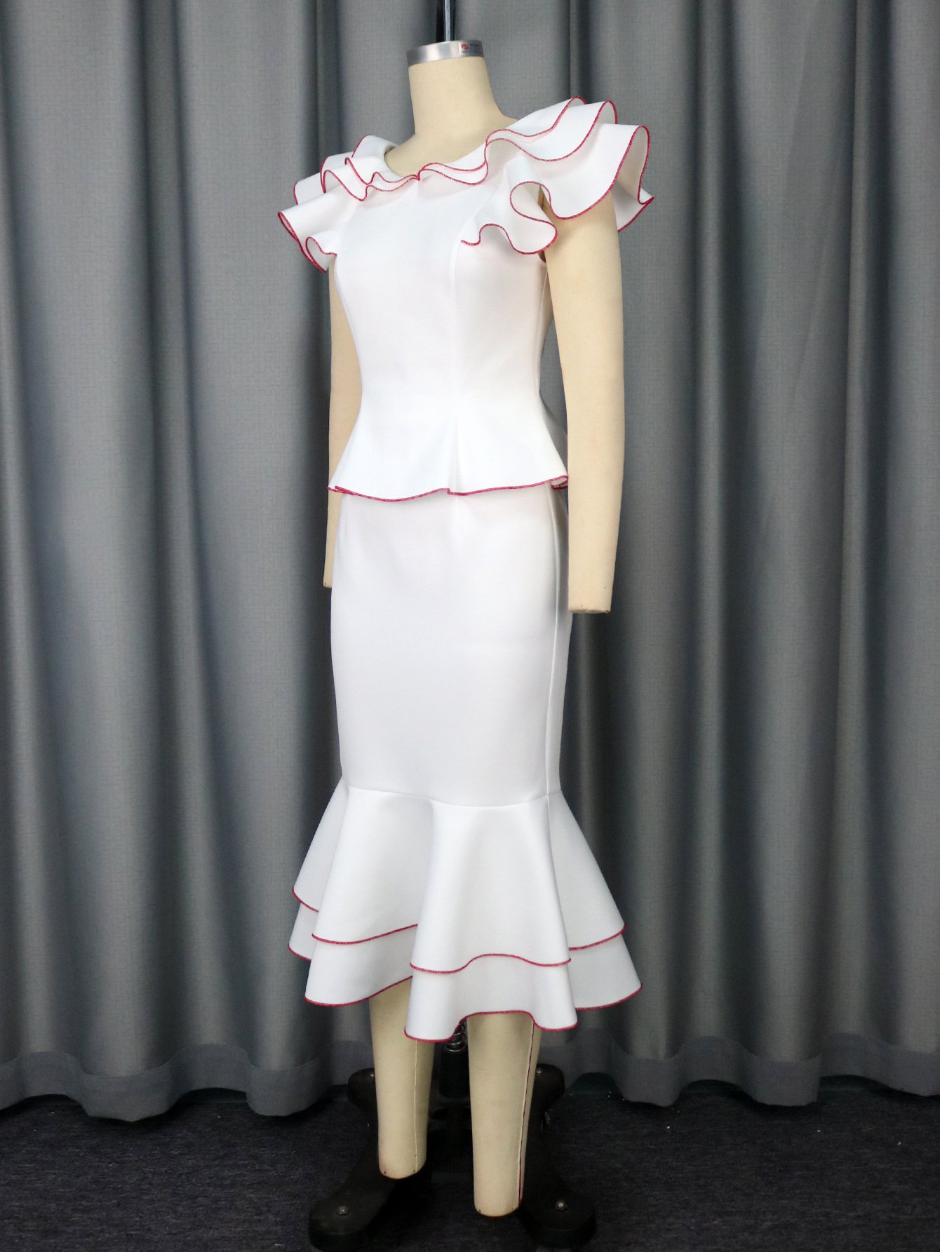 Women's Ruffled Contrast Color Top Temperament Slim Fishtail Skirt Suit