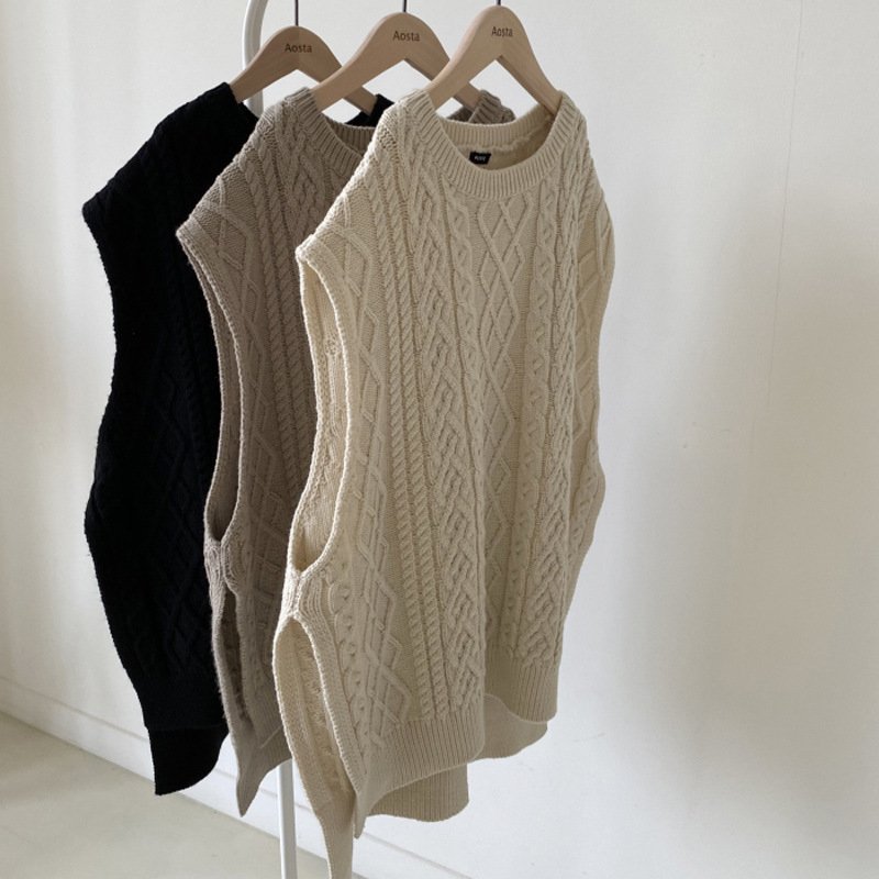Linen Pattern Sweater Layered Oversized Loose Knit Vest