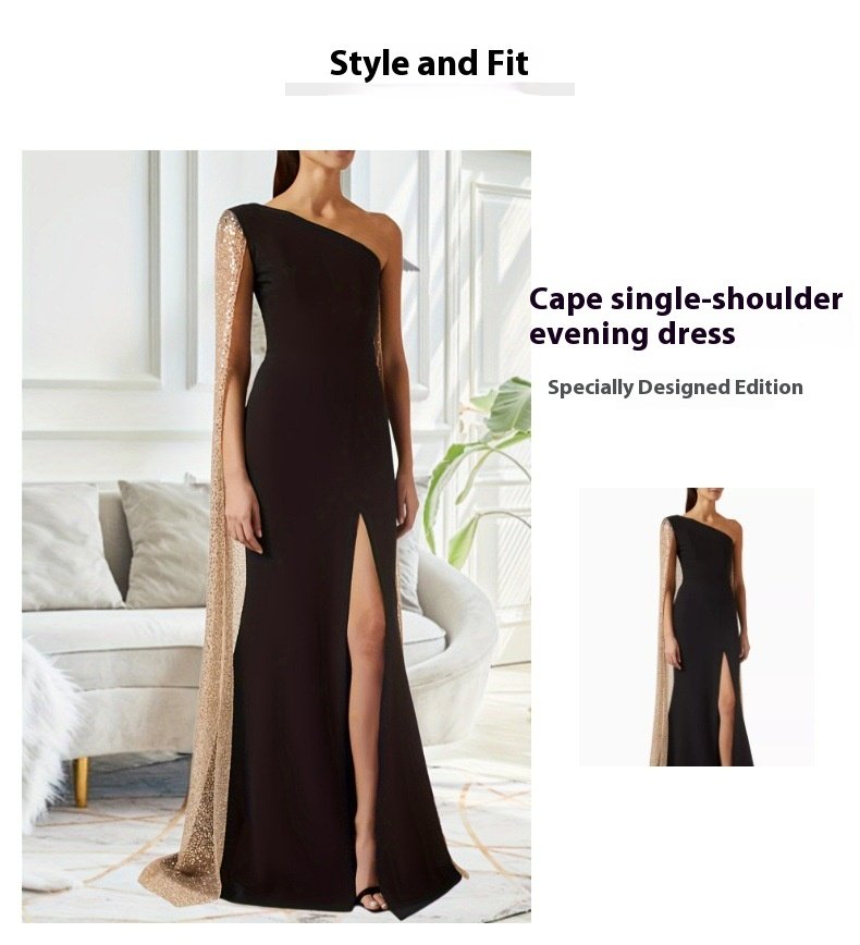 One-shoulder Cloak Slit Black Dress