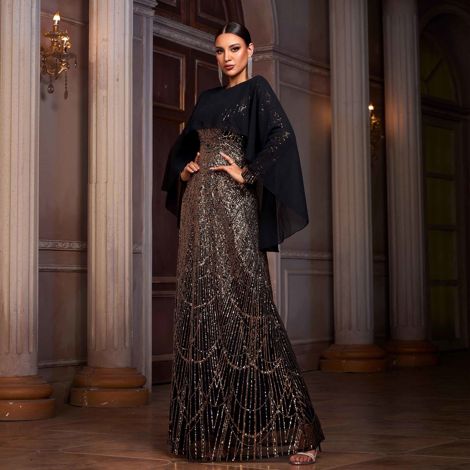 Elegant Long Sleeve Round Neck Shawl Banquet Sequined A- Line Evening Dress