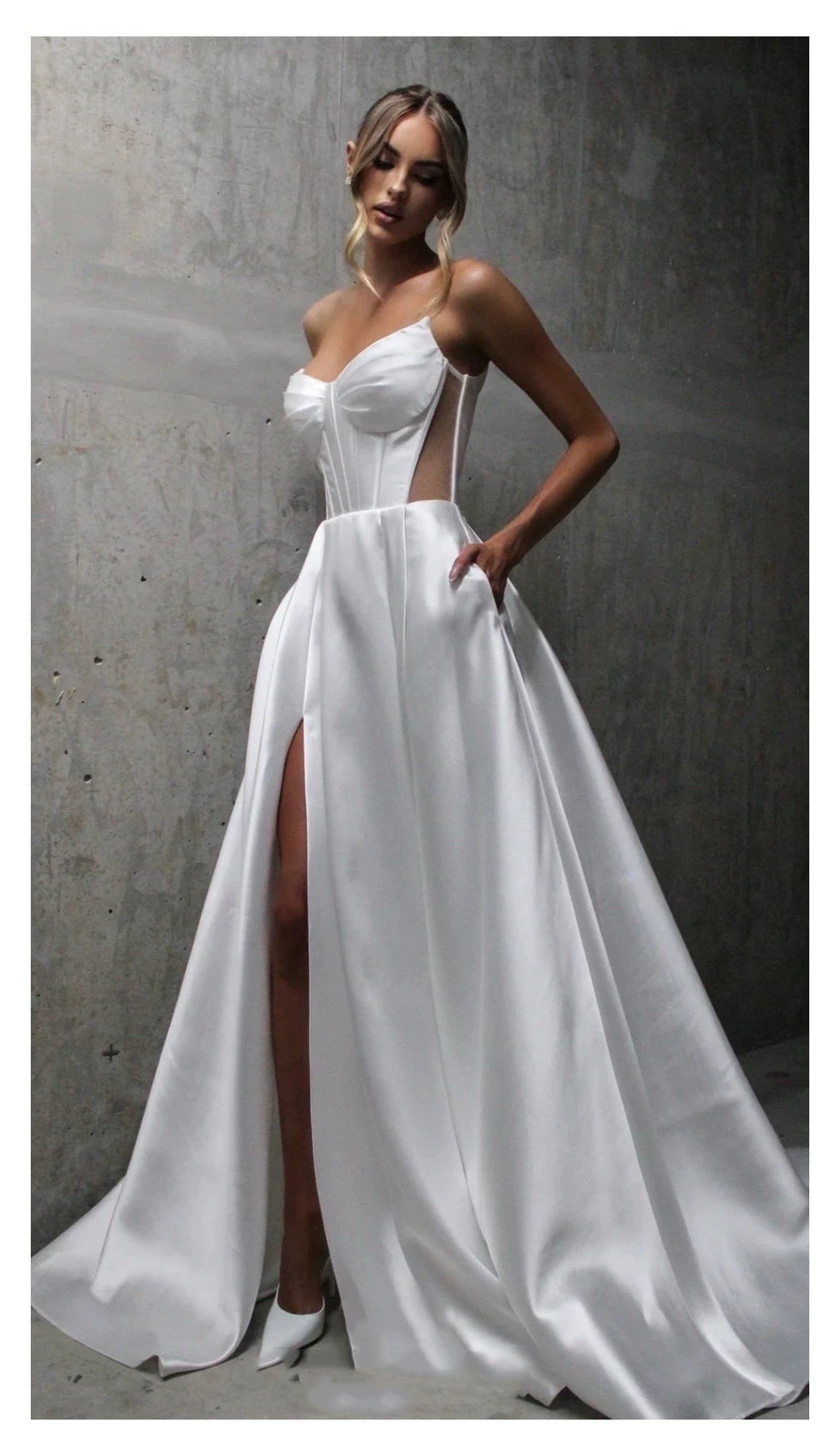 White Satin Slit Pocket Bandage Wedding Dress