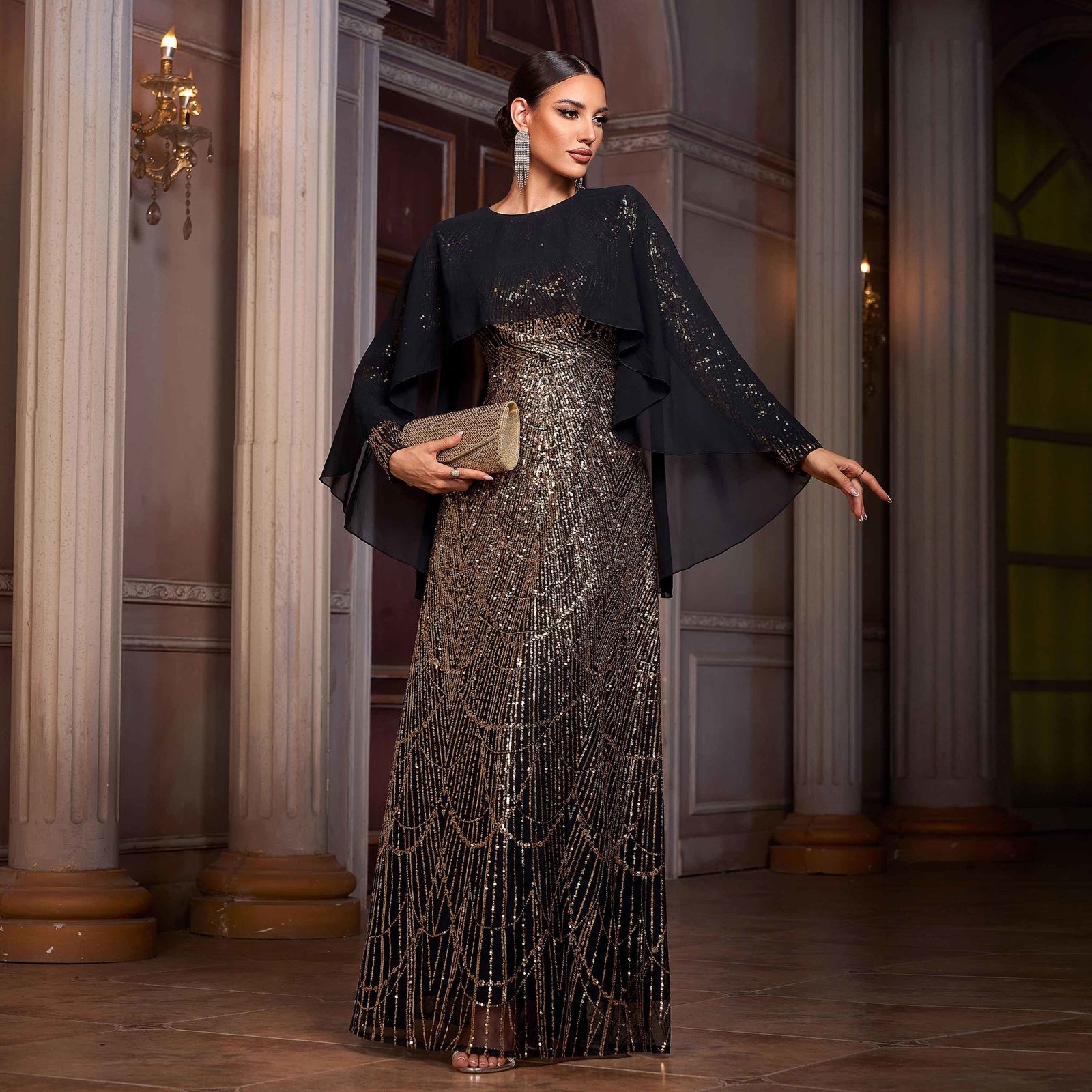 Elegant Long Sleeve Round Neck Shawl Banquet Sequined A- Line Evening Dress