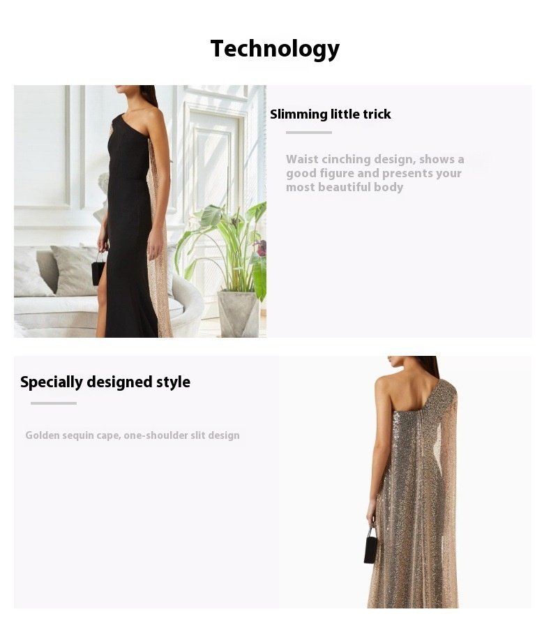 One-shoulder Cloak Slit Black Dress