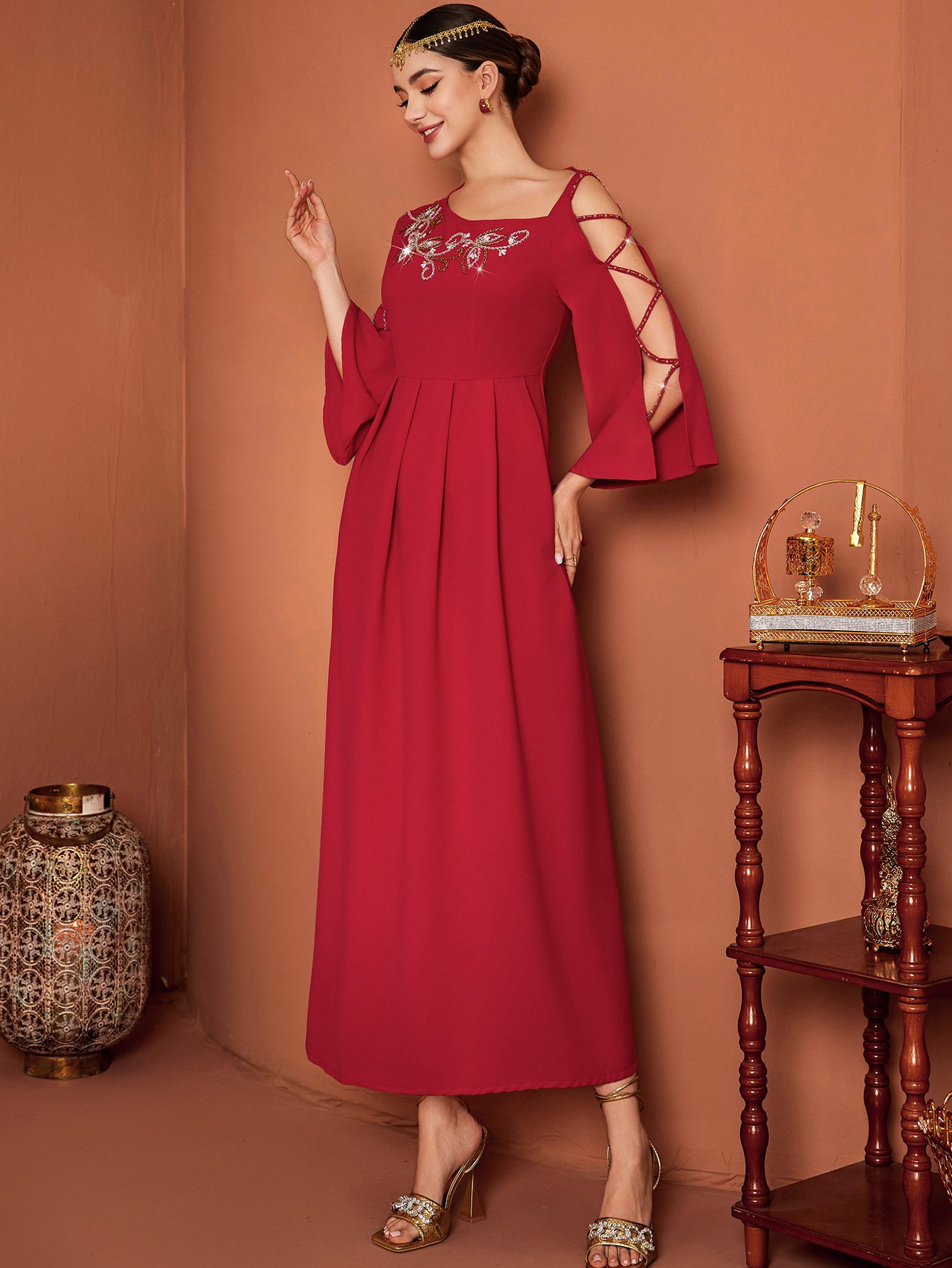 Red Designer Model Heavy Industry Hand Sewing Drill Off-the-shoulder Dress