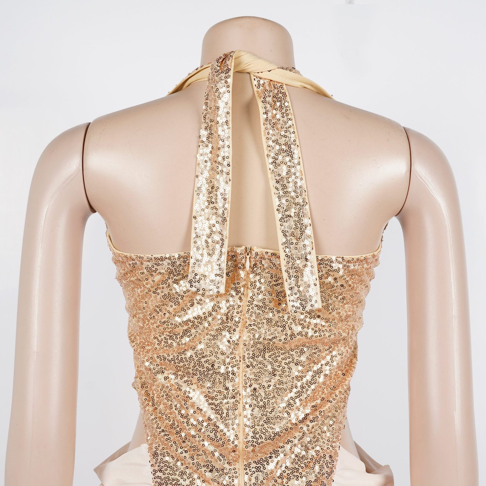 High-slit Mesh Panel Sequin Halter Gown