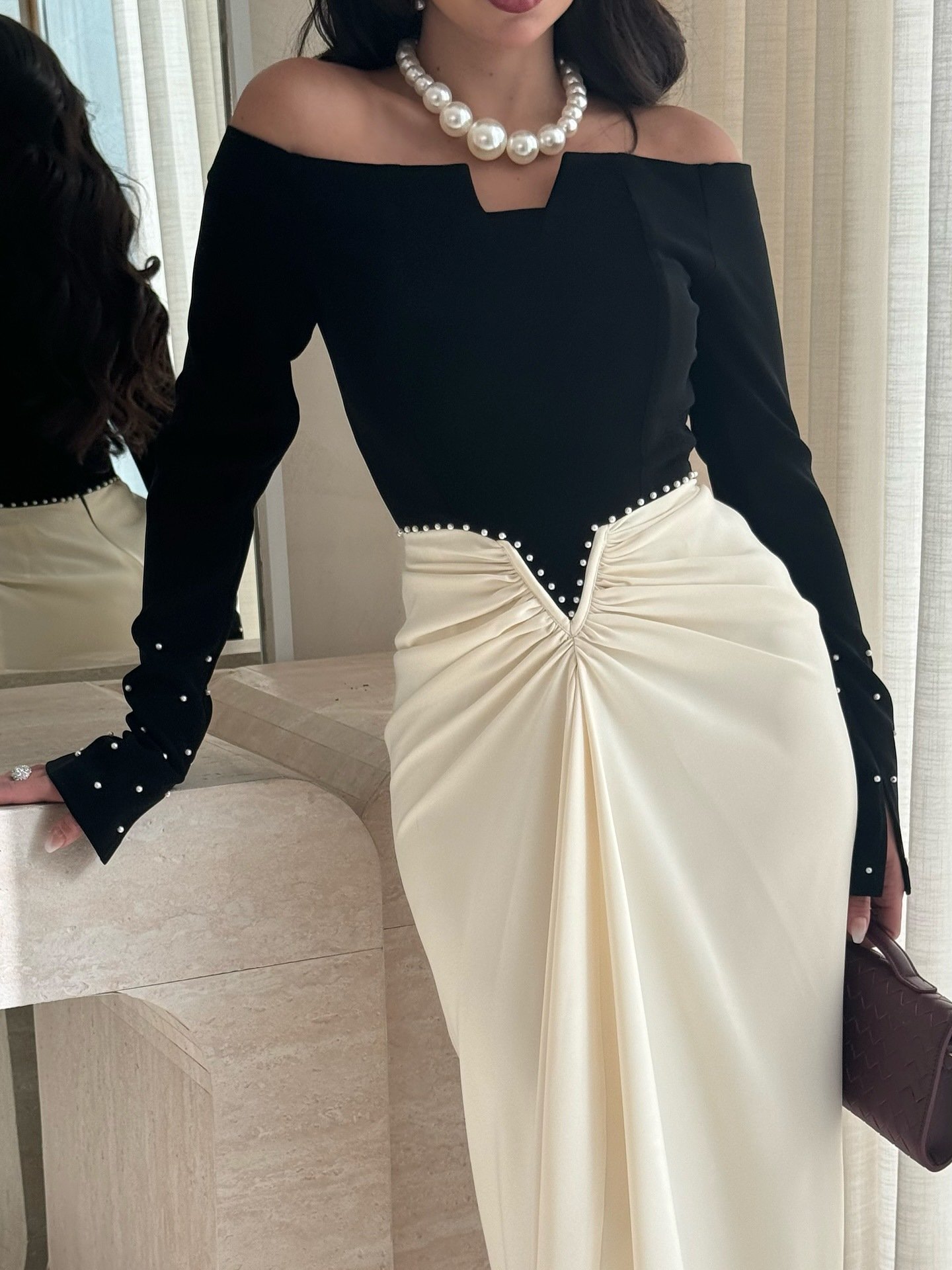 Elegant Sheath Dress With Color-blocking And Pearl Embellishments