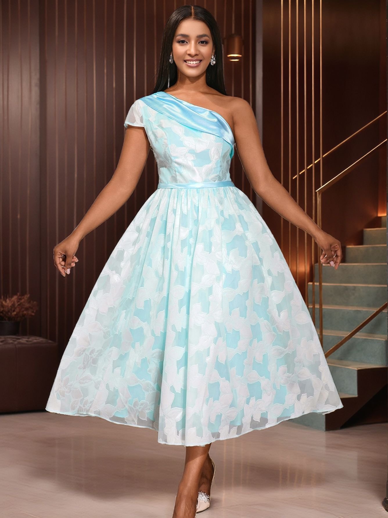Women's Oblique Shoulder Contrast Color Evening Dress Jacquard Elegant Dress