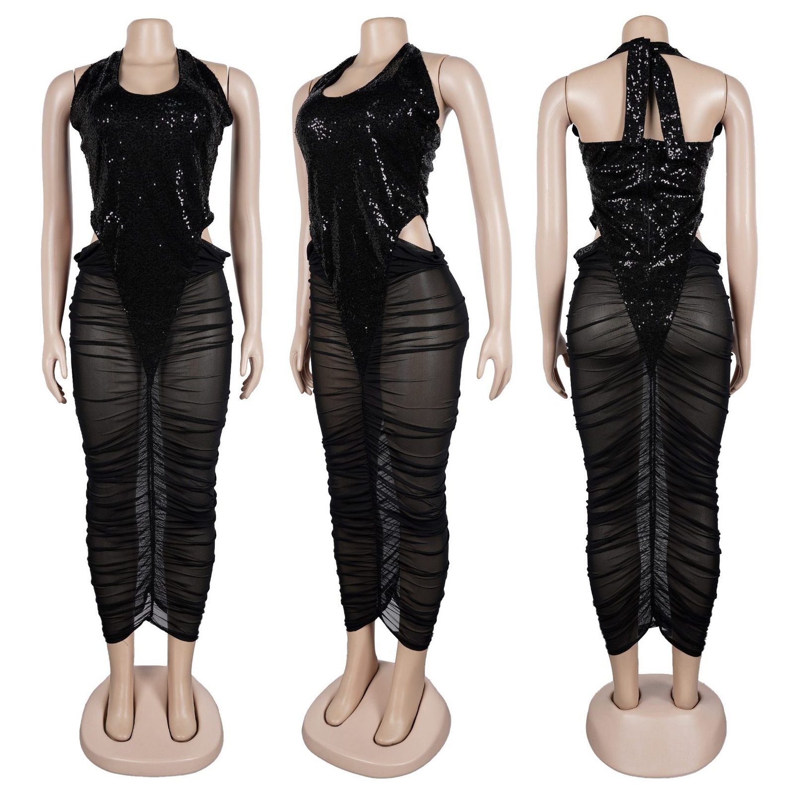 High-slit Mesh Panel Sequin Halter Gown
