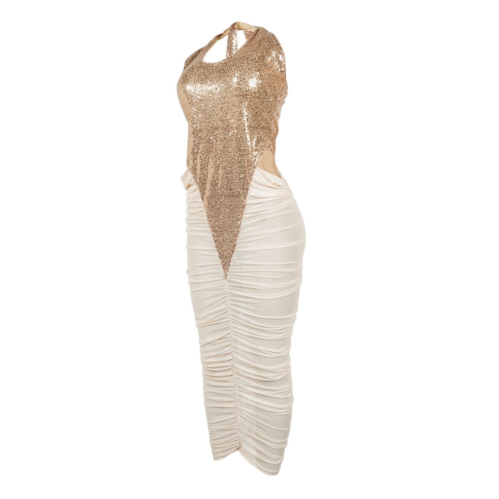 High-slit Mesh Panel Sequin Halter Gown