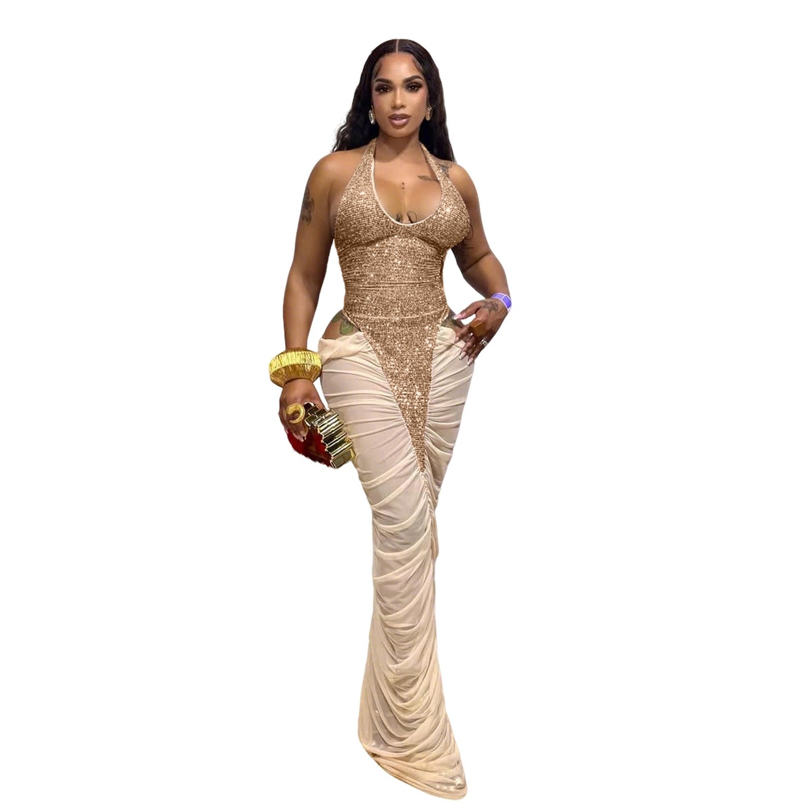 High-slit Mesh Panel Sequin Halter Gown