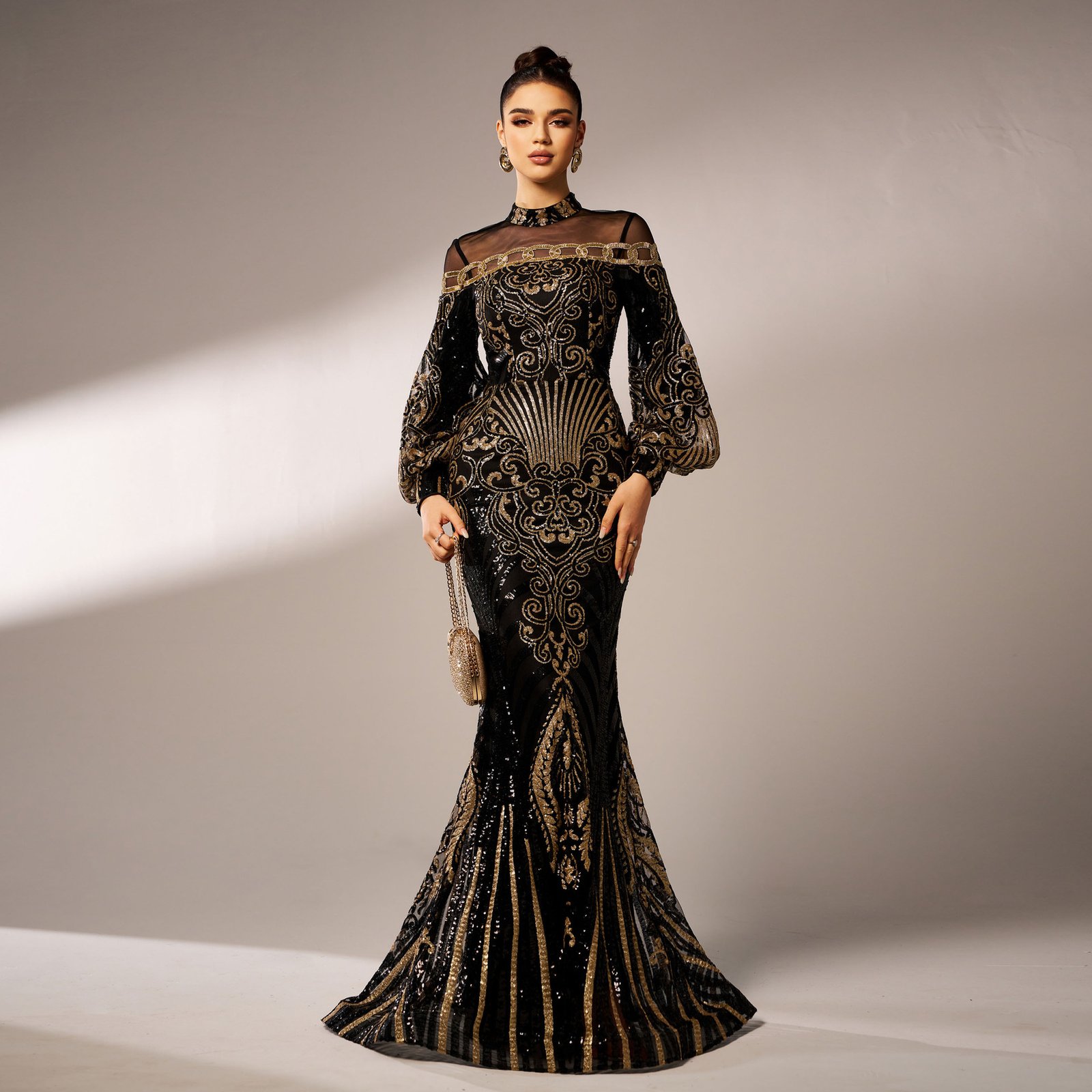 Long Sleeve Round Neck Sequins Mesh Fishtail Evening Dress