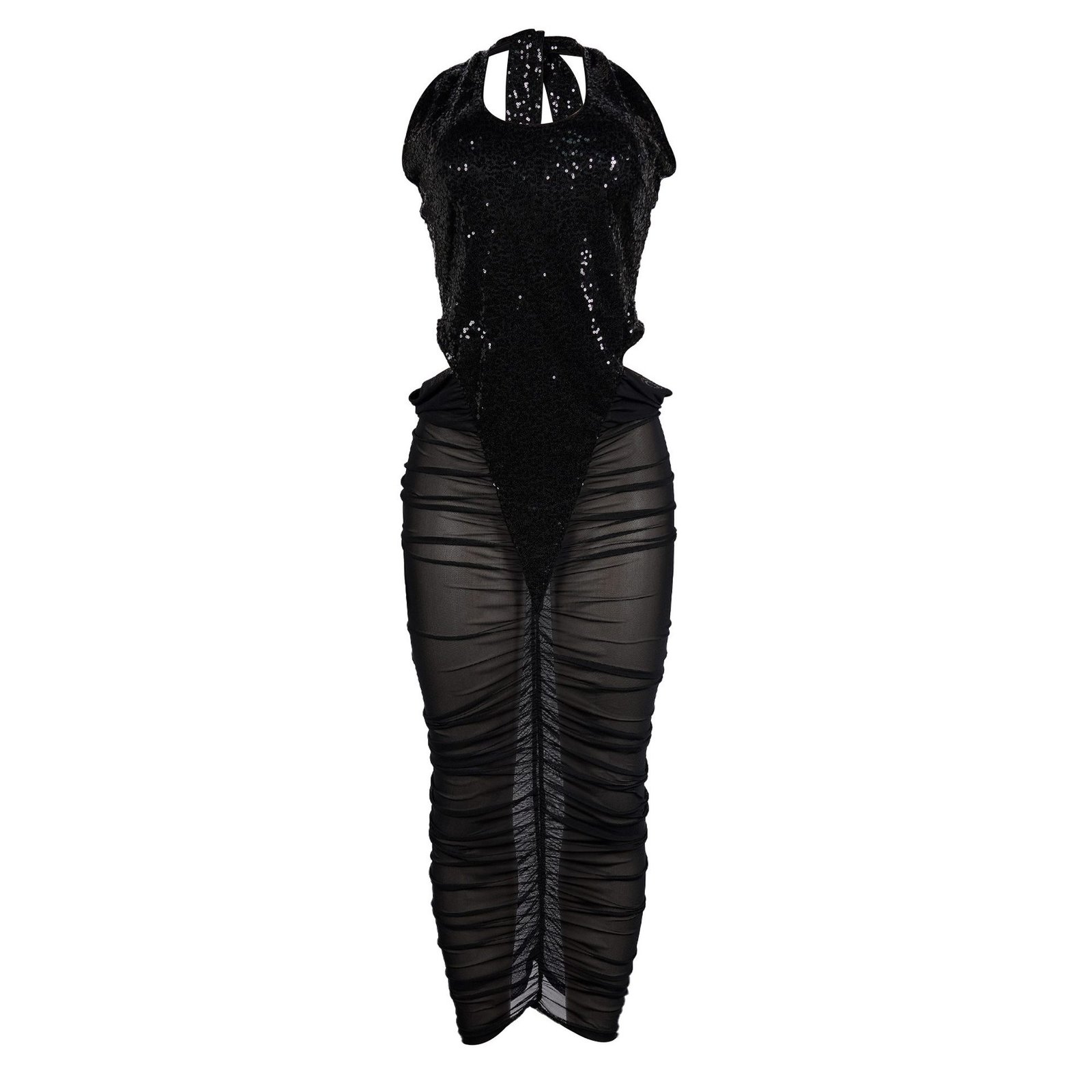 High-slit Mesh Panel Sequin Halter Gown