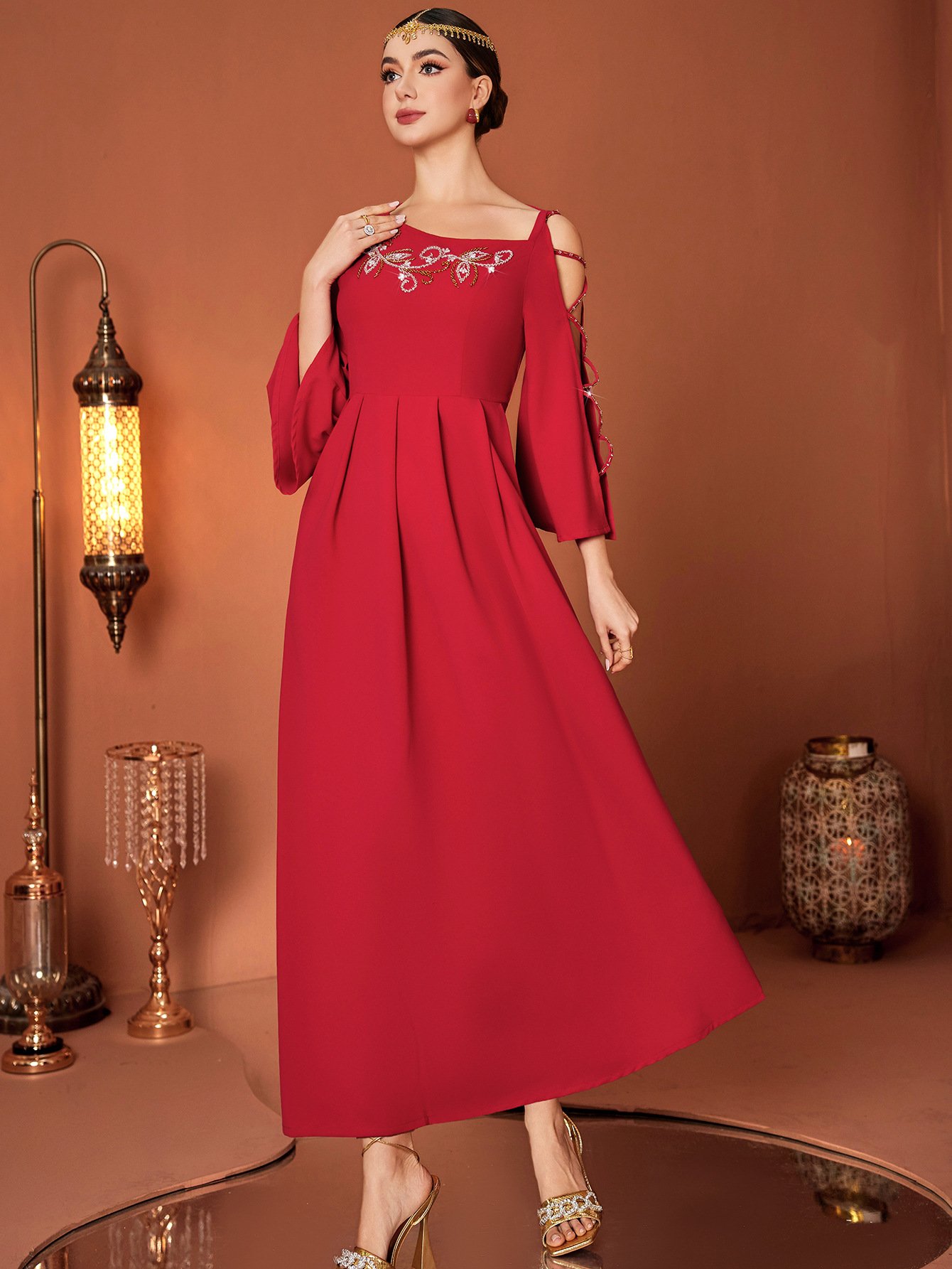 Red Designer Model Heavy Industry Hand Sewing Drill Off-the-shoulder Dress